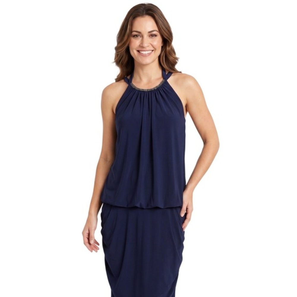 Cache Navy Blue‎ Beaded Halter Blouson Ruched Tulip Cocktail Midi Dress Size 8